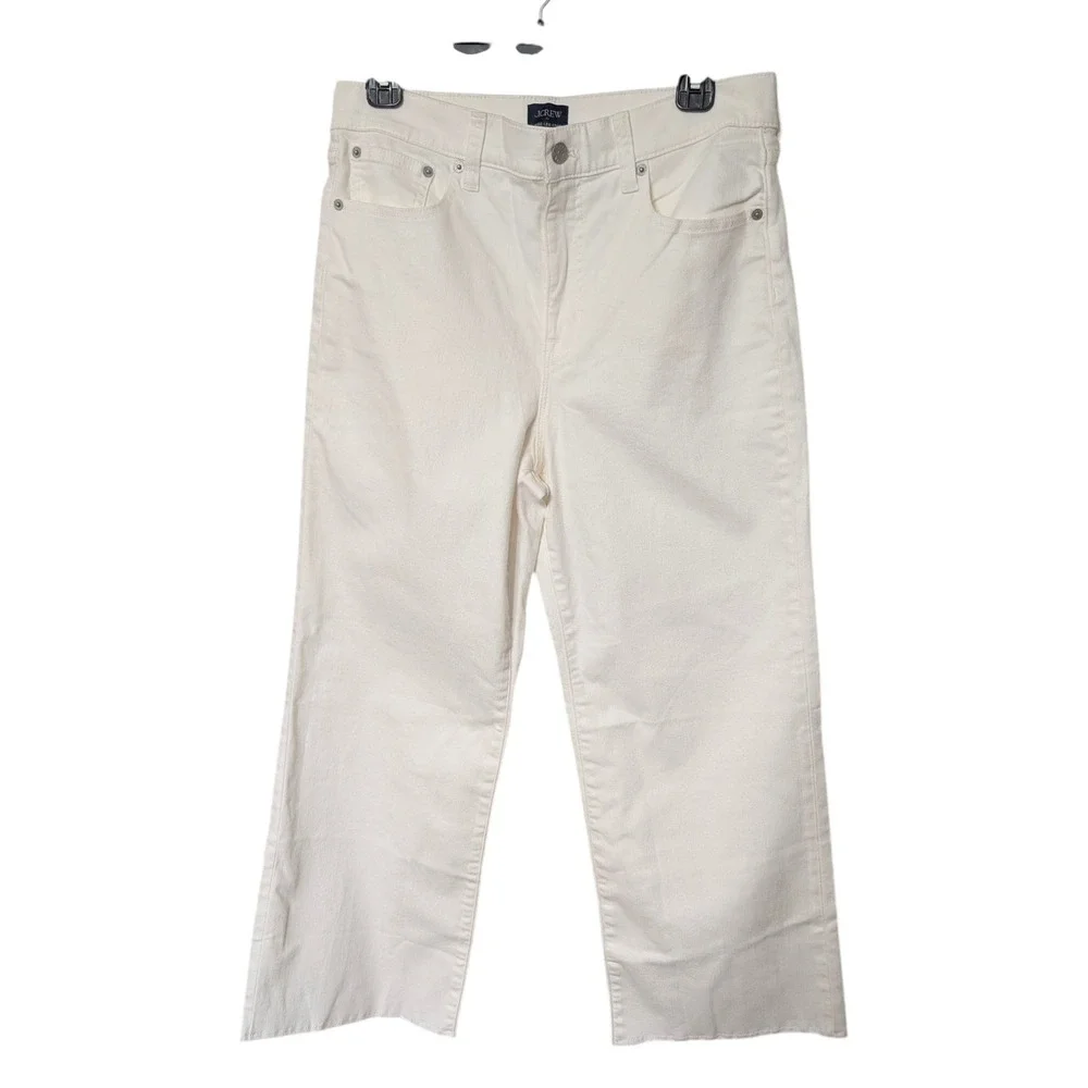 J.Crew Wide-Leg Crop Seashell White Jeans Raw Hem All Day Stretch Denim Size 29